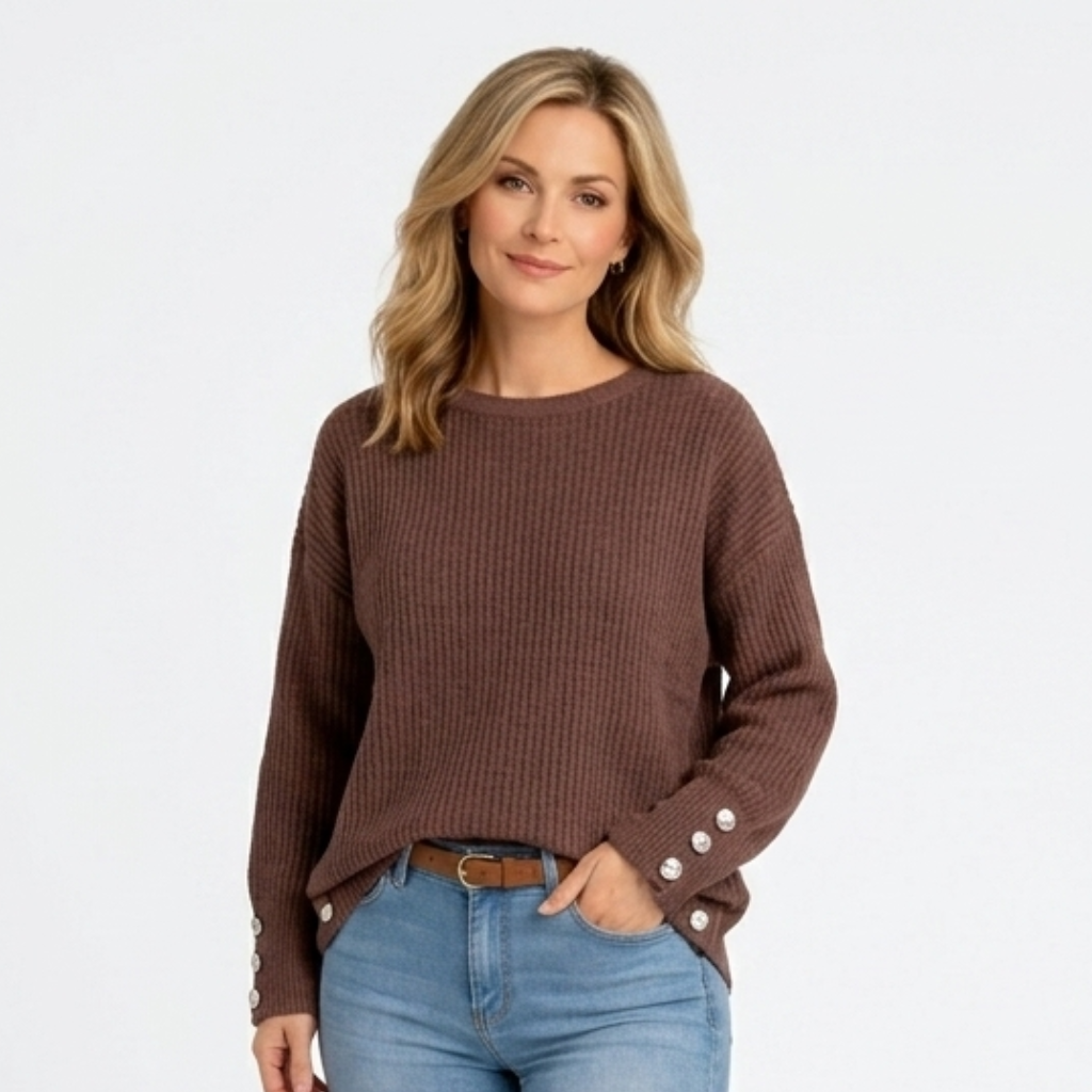 Women’s Ribbed Knit Jumper with Button Cuffs – Oversized Long Sleeve Sweater