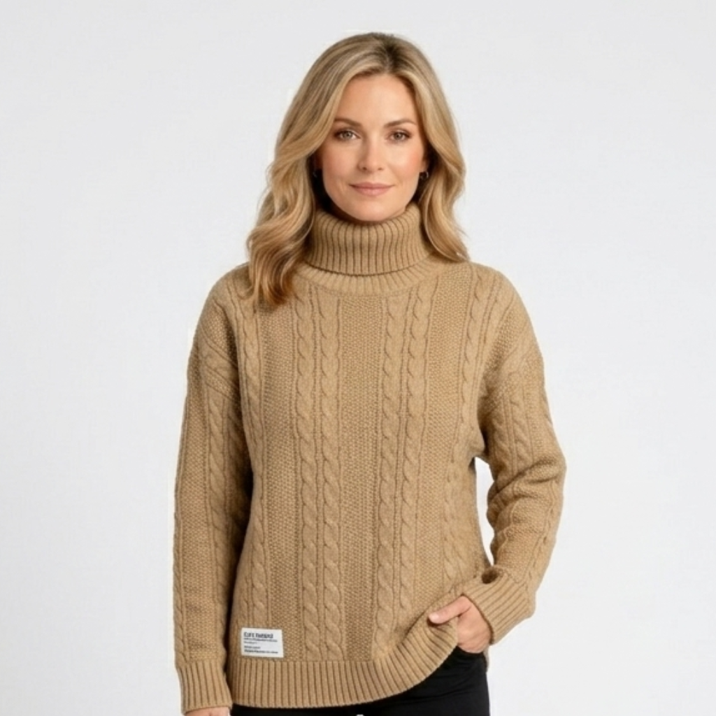 Women’s Cable Knit Roll Neck Jumper – Chunky Long Sleeve Turtleneck Sweater