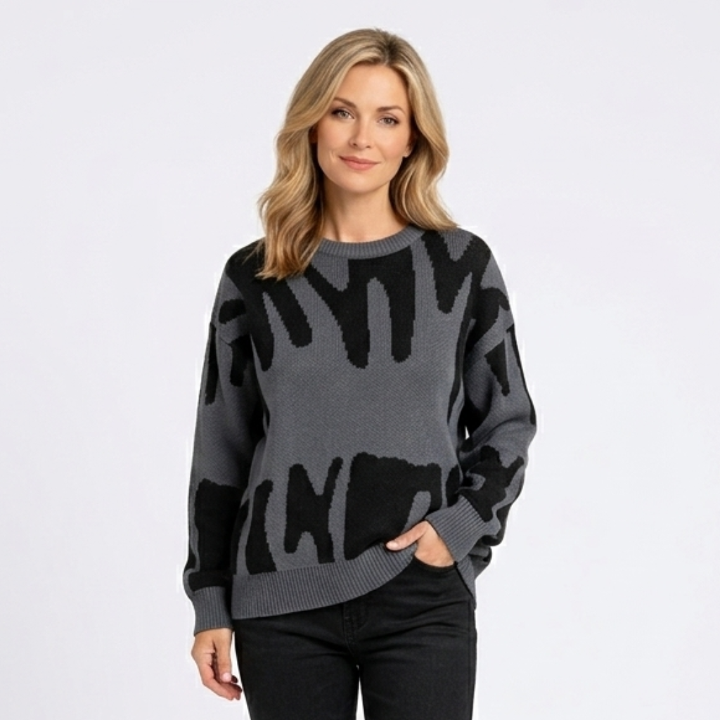 Women’s Abstract Pattern Knit Jumper – Oversized Crew Neck Sweater