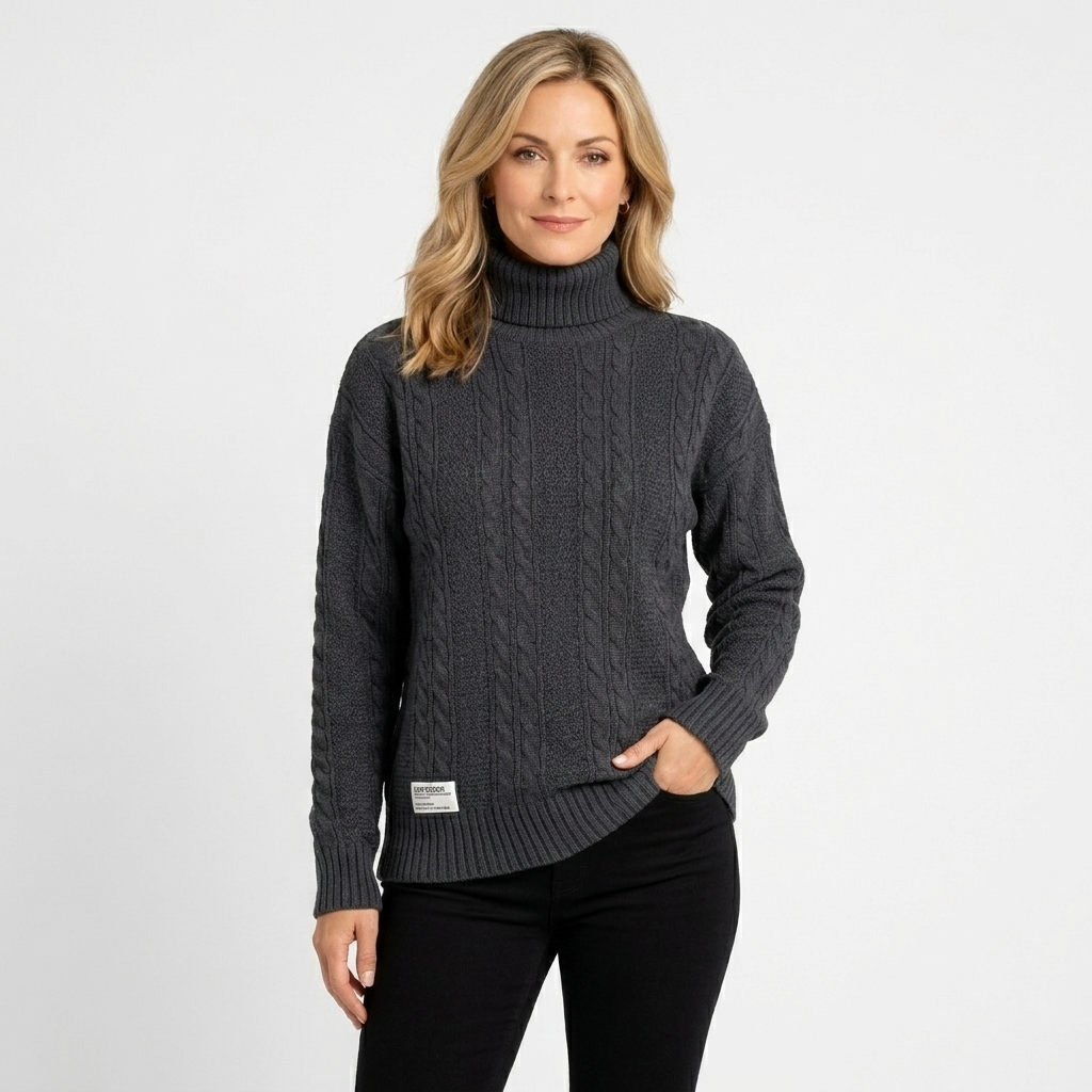 Women’s Cable Knit Roll Neck Jumper – Chunky Long Sleeve Turtleneck Sweater