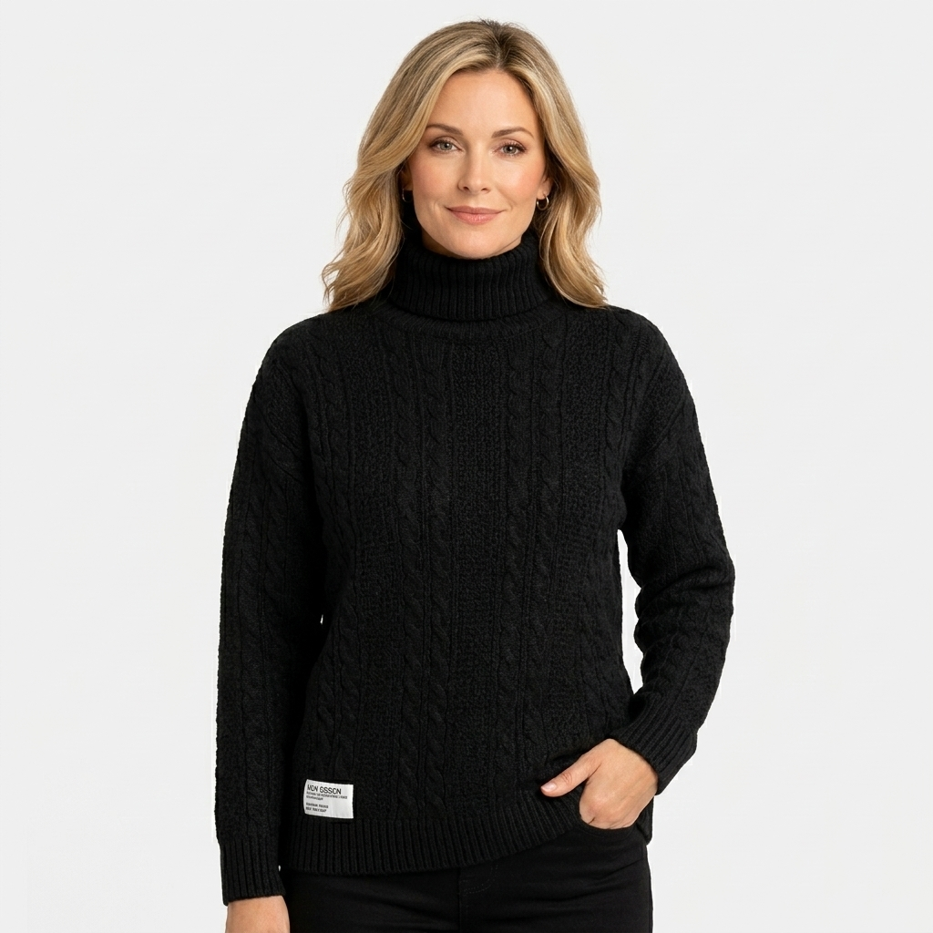 Women’s Cable Knit Roll Neck Jumper – Chunky Long Sleeve Turtleneck Sweater