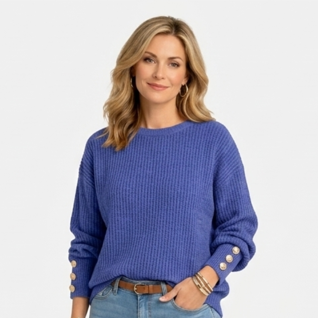 Women’s Ribbed Knit Jumper with Button Cuffs – Oversized Long Sleeve Sweater