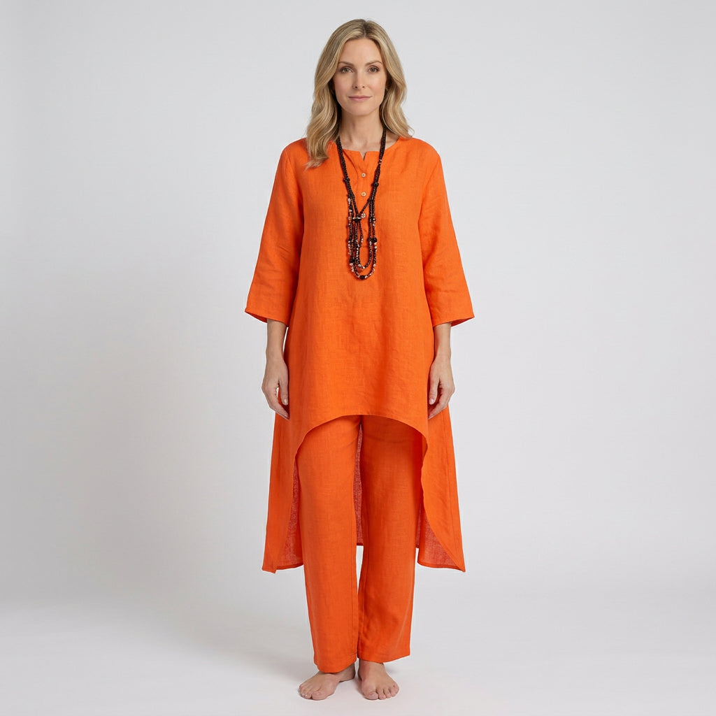 Women Two Piece Linen Set Long Tunic Top and Relaxed Pants Casual Everyday