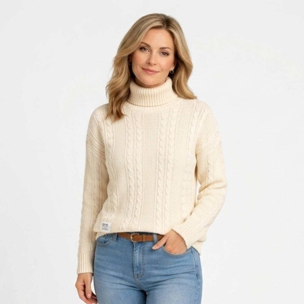 Women’s Cable Knit Roll Neck Jumper – Chunky Long Sleeve Turtleneck Sweater