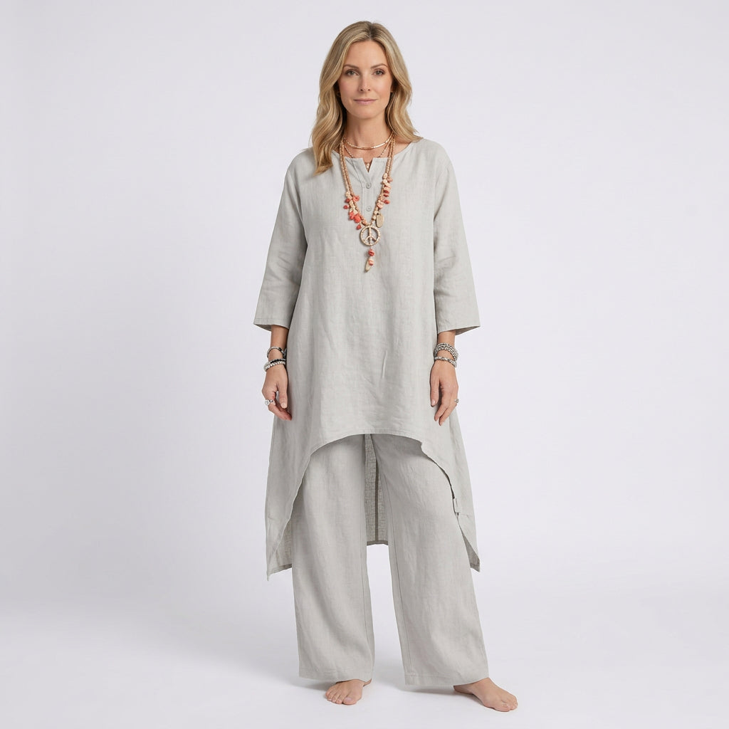 Women Two Piece Linen Set Long Tunic Top and Relaxed Pants Casual Everyday