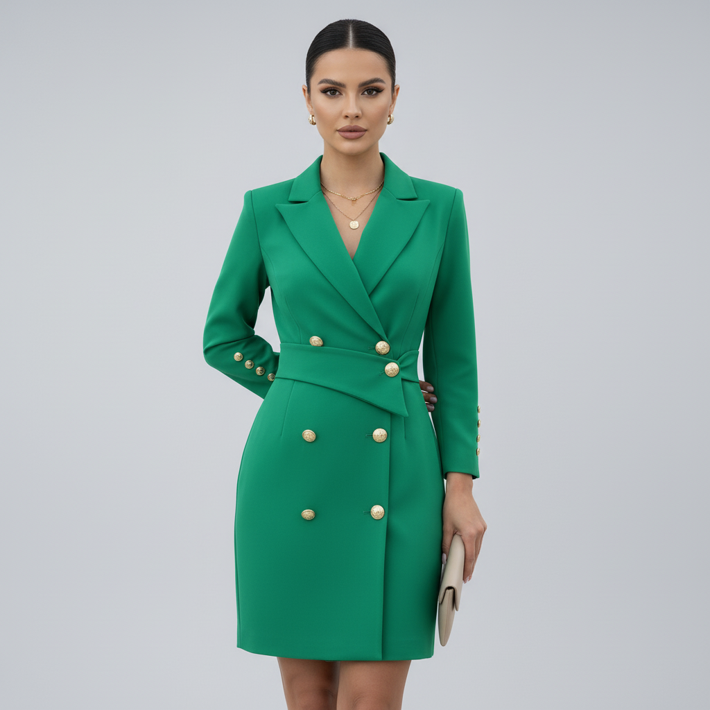 Woman wearing a green suit with gold buttons on a white background