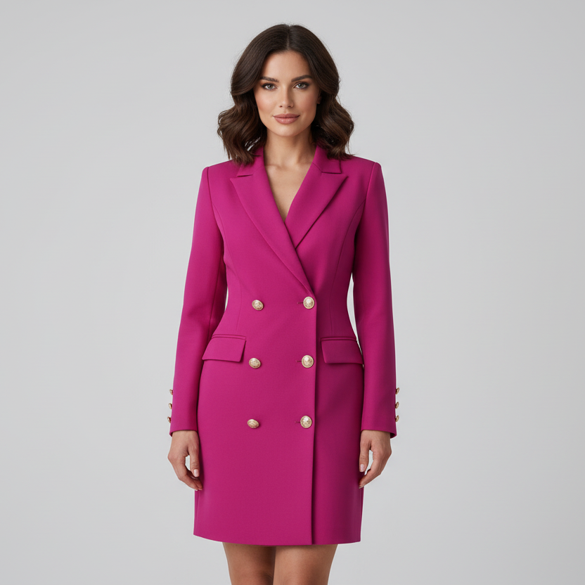 Woman wearing a bright pink blazer dress with gold buttons on a white background