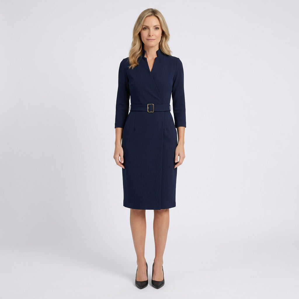 Women Midi Dress Belted Tailored Office Workwear