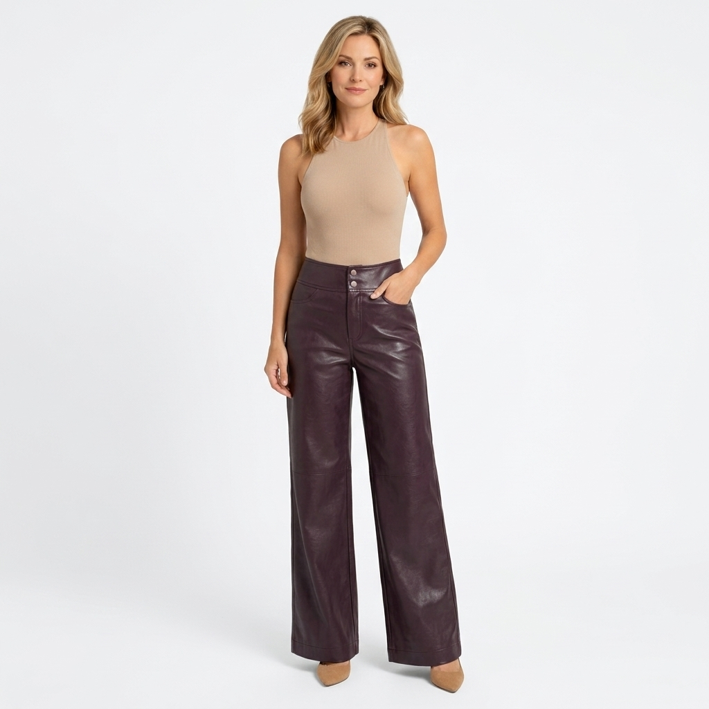 Women’s High Waisted Wide Leg Leather Look Trousers – Straight Leg Pants
