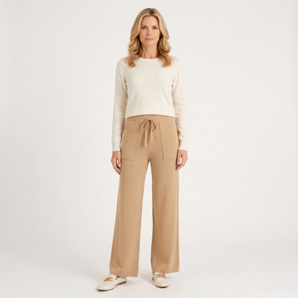 Women’s Ribbed Knit Wide Leg Trousers – High Waist Lounge Pants