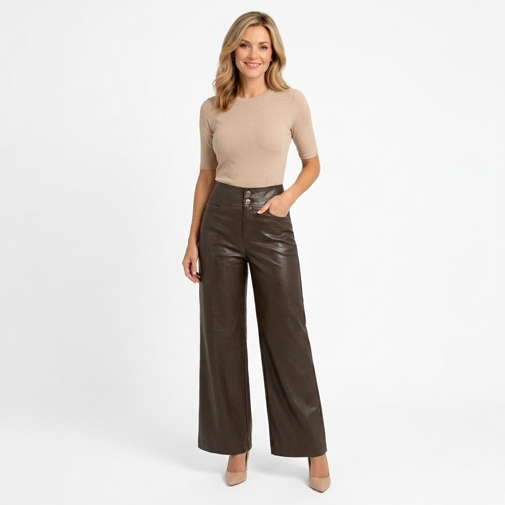 Women’s High Waisted Wide Leg Leather Look Trousers – Straight Leg Pants