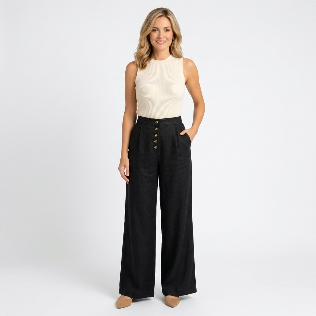 Women’s High Waisted Palazzo Trousers – Wide Leg Button Front Pants