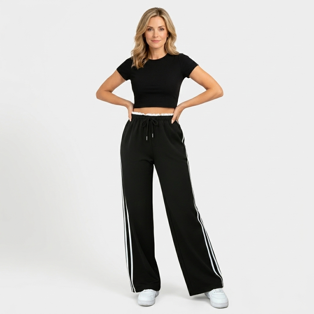 Women’s Wide Leg Track Pants with Side Stripes – High Waist Jogger Trousers