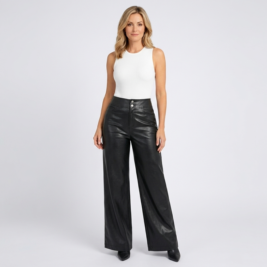 Women’s High Waisted Wide Leg Leather Look Trousers – Straight Leg Pants