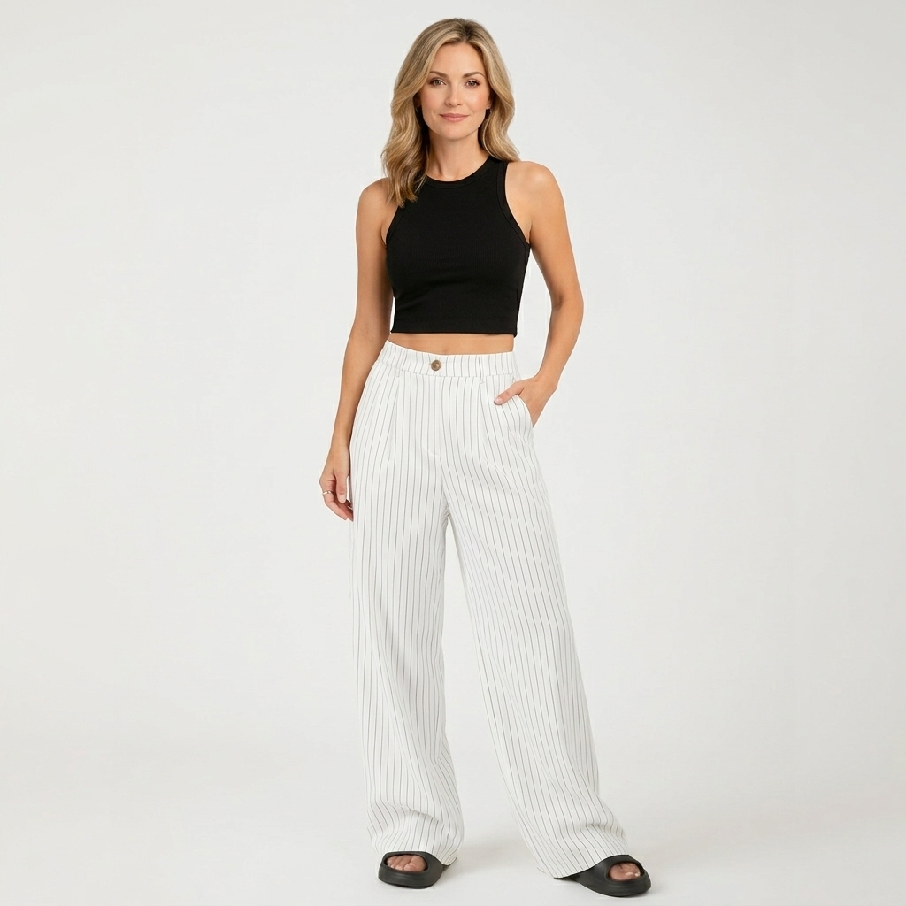 Women’s High Waisted Pinstripe Wide Leg Trousers – Pleated Straight Leg Pants