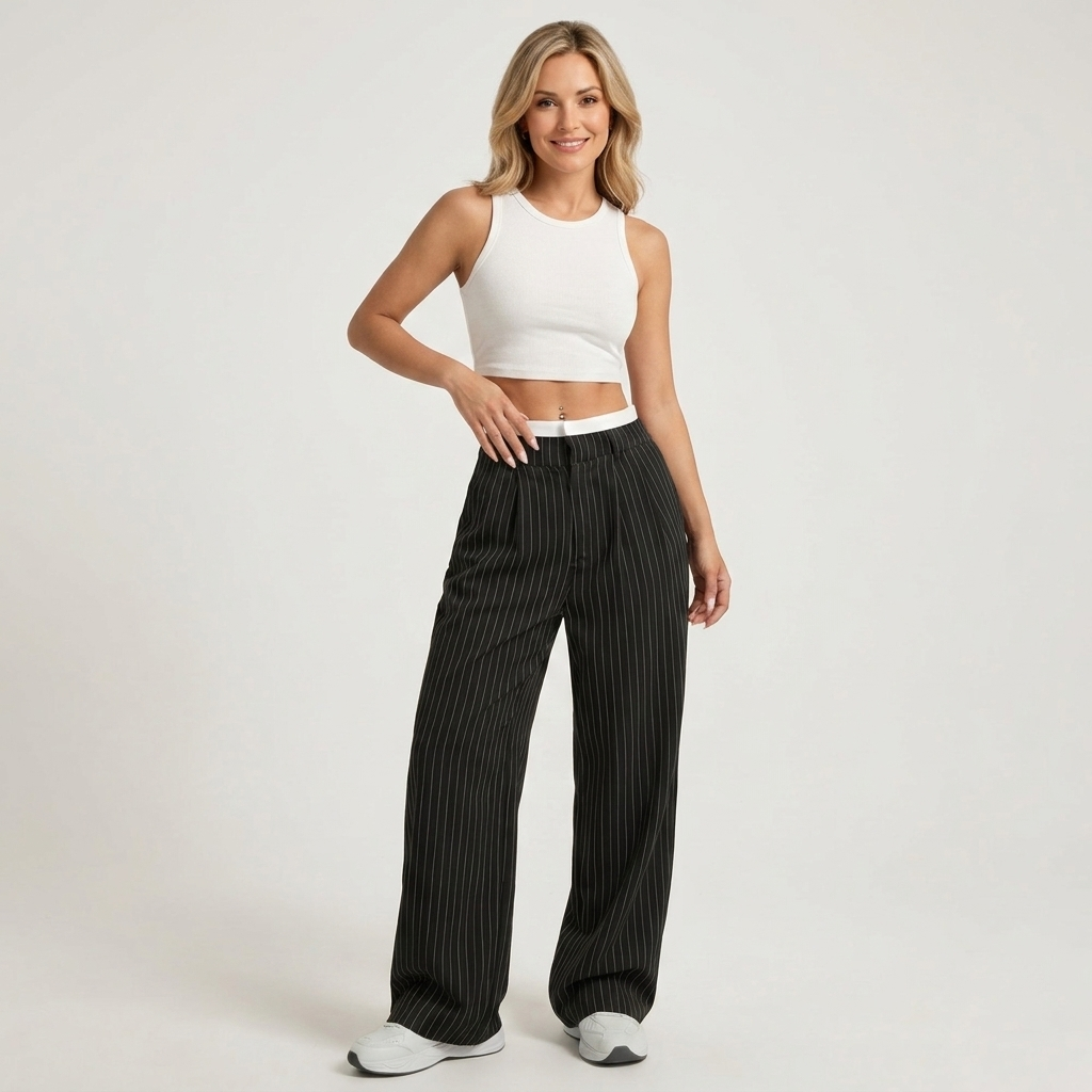 Women’s High Waisted Pinstripe Wide Leg Trousers – Pleated Straight Leg Pants