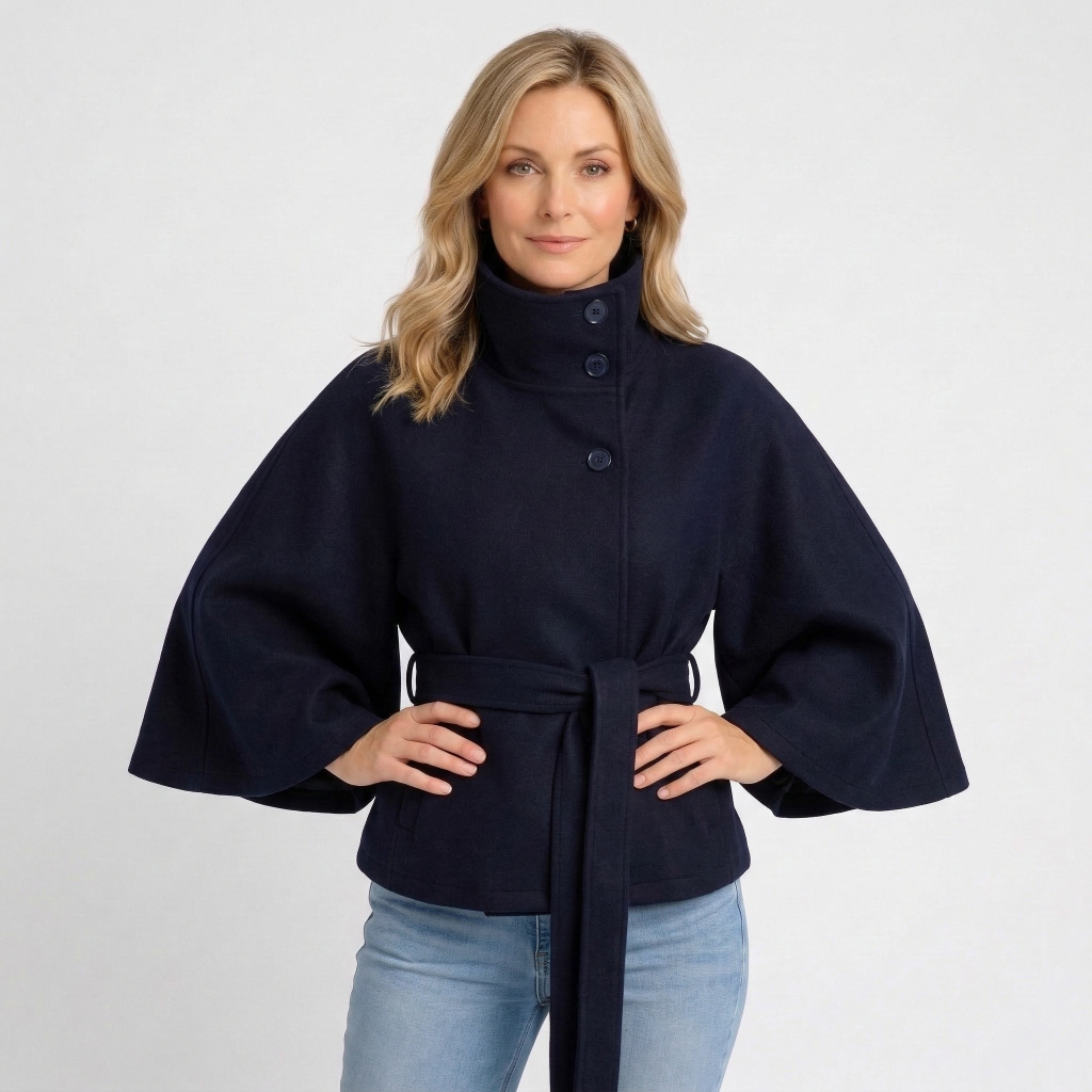 Women’s Belted High Neck Jacket – Button Front Short Coat