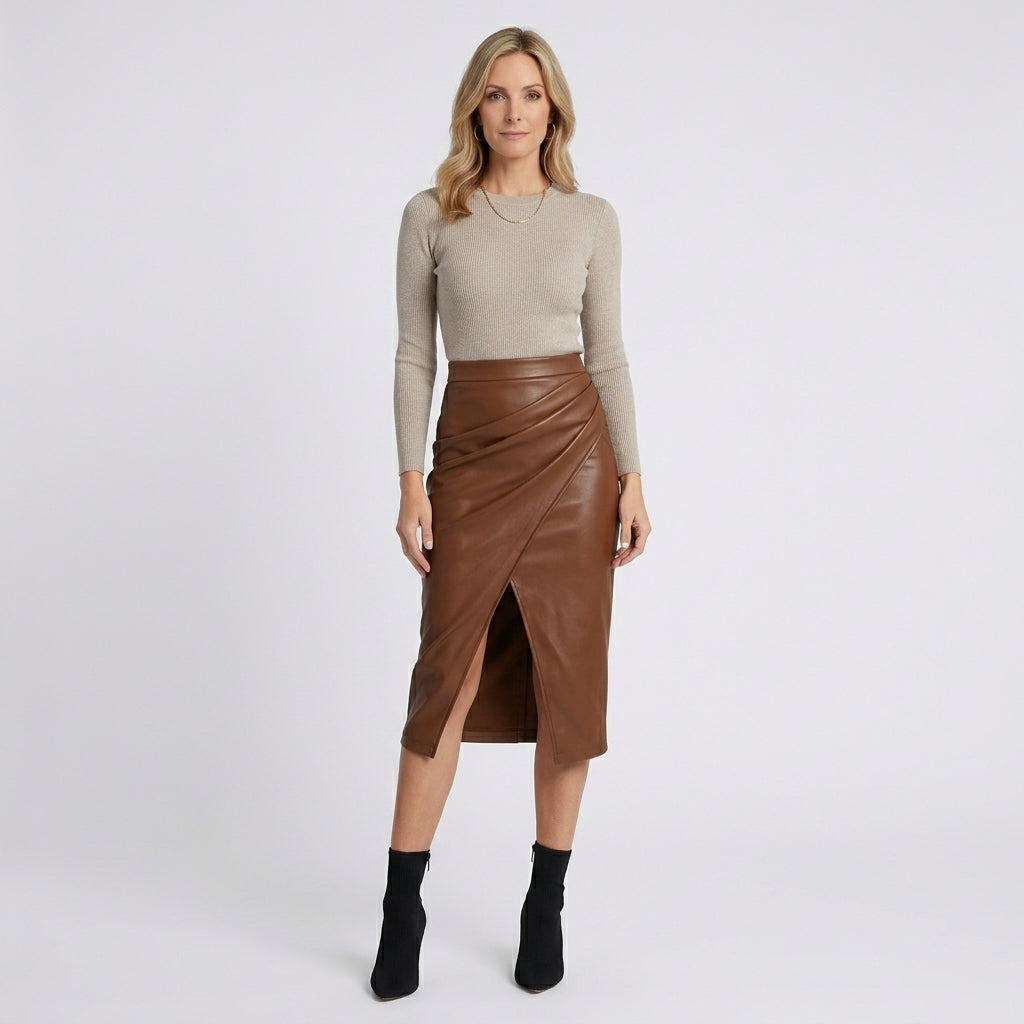 Women Midi Pencil Skirt High Waist Front Slit Smart Casual
