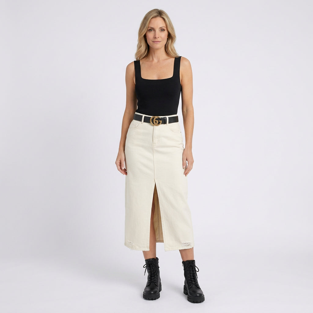 Women Denim Midi Skirt High Waist Front Slit Casual Everyday