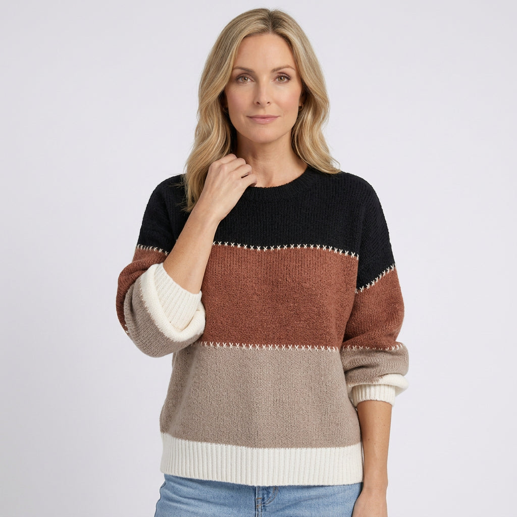 Women Color Block Knit Sweater Long Sleeve Casual Everyday