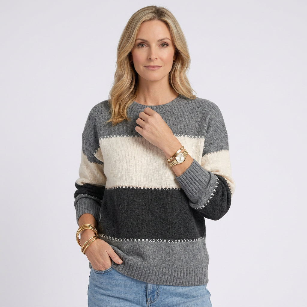 Women Color Block Knit Sweater Long Sleeve Casual Everyday