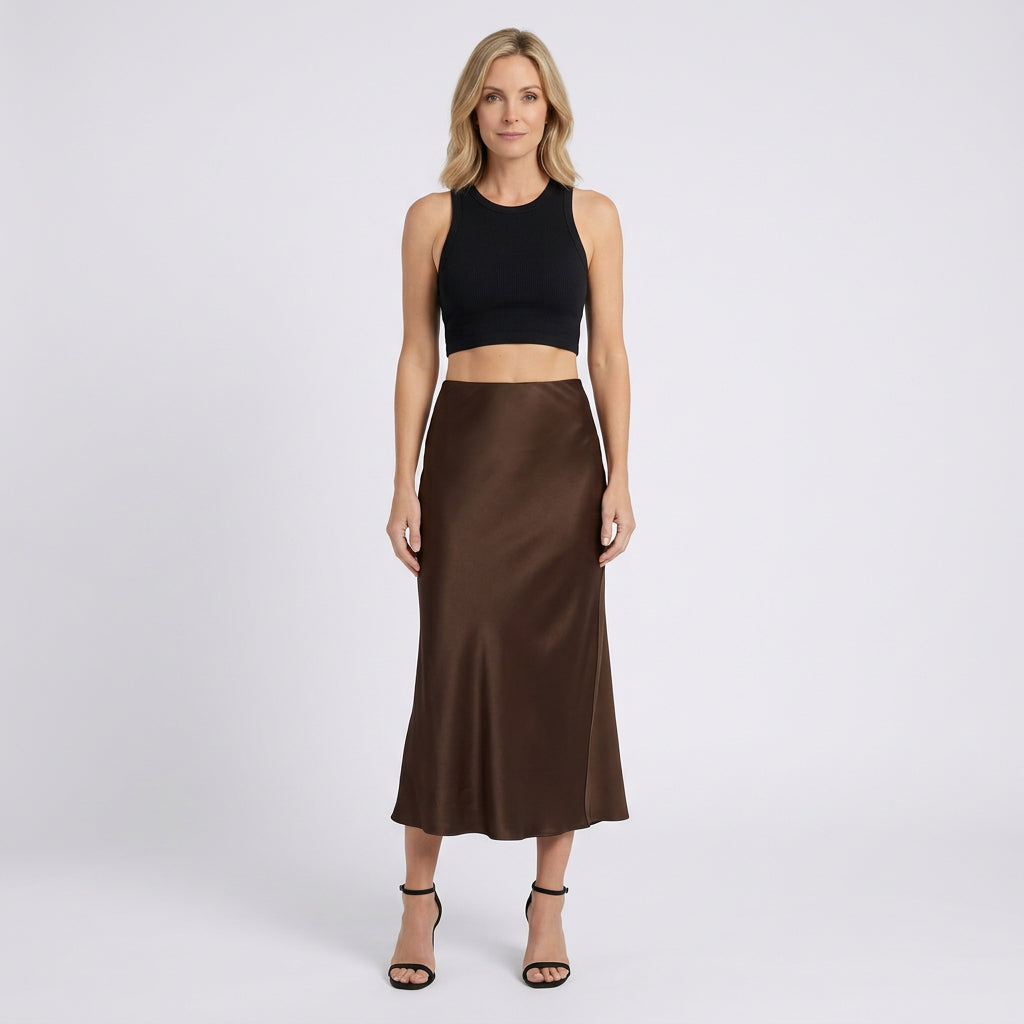 Women Satin Midi Skirt High Waist Casual Occasion Everyday