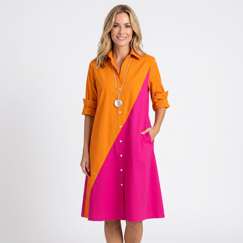Women’s Collared Midi Dress Relaxed Fit Pocket Detail