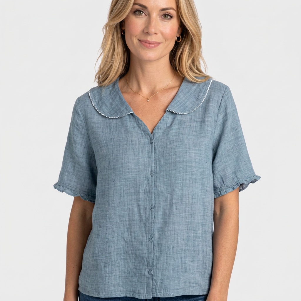 Women’s Button Front Blouse Peter Pan Collar Relaxed Fit