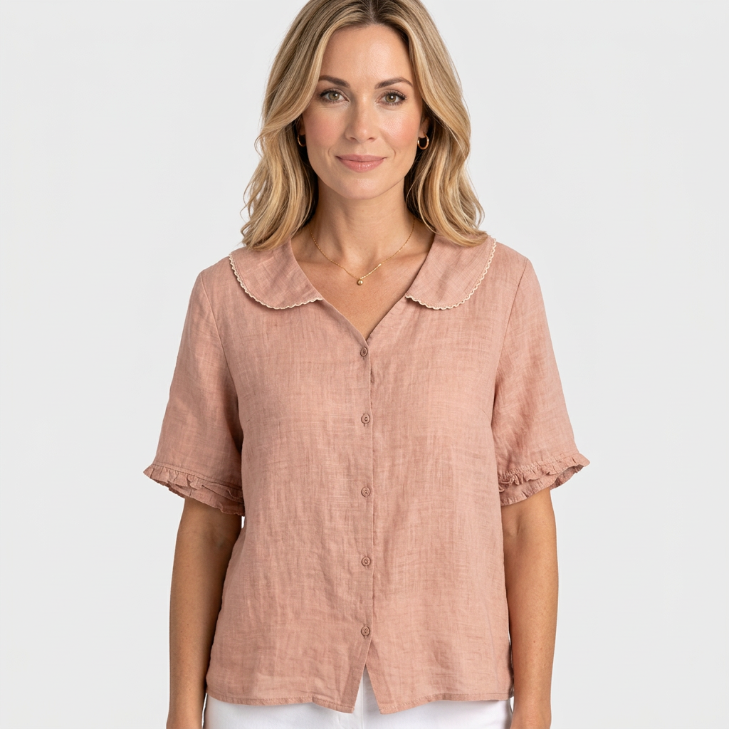 Women’s Button Front Blouse Peter Pan Collar Relaxed Fit