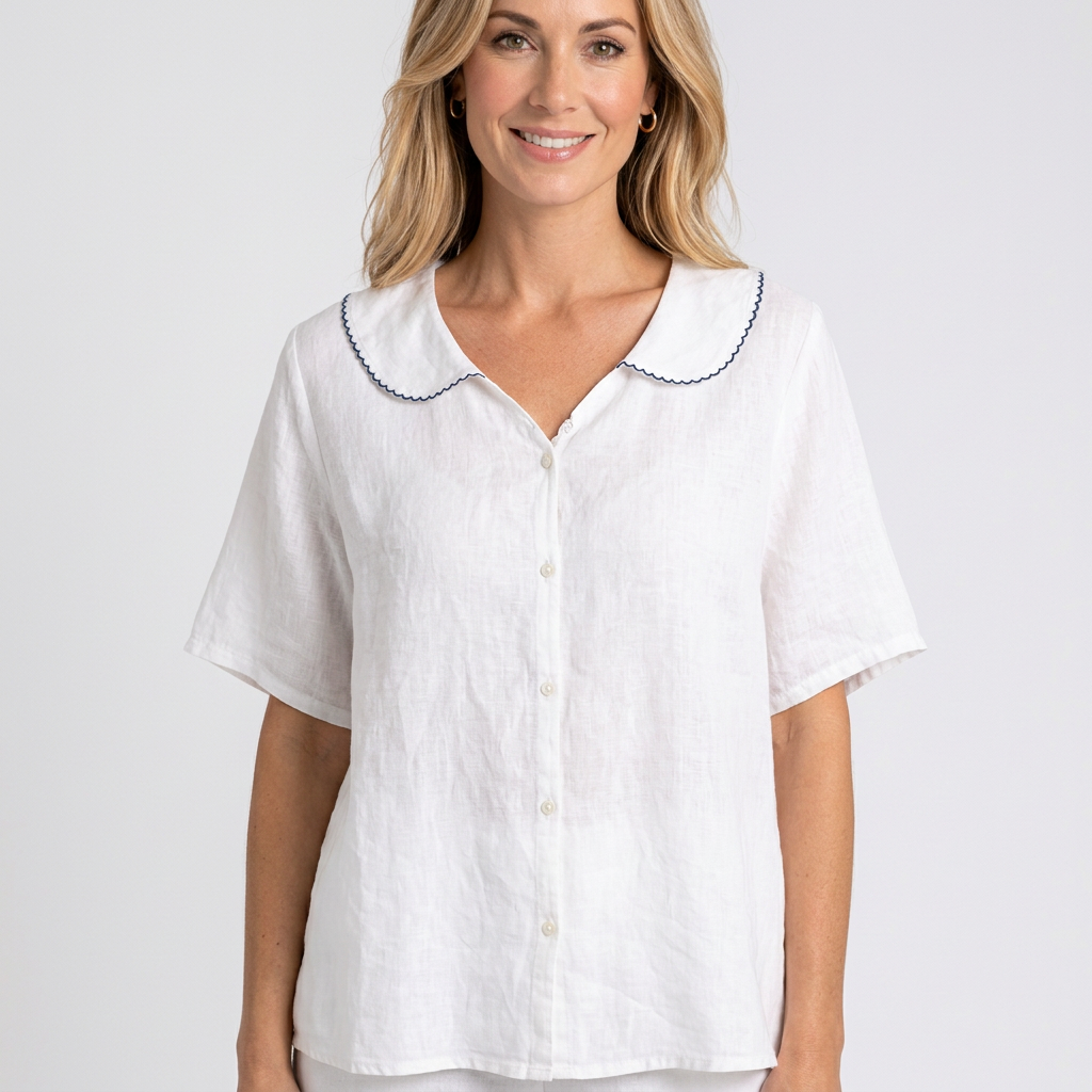 Women’s Button Front Blouse Peter Pan Collar Relaxed Fit