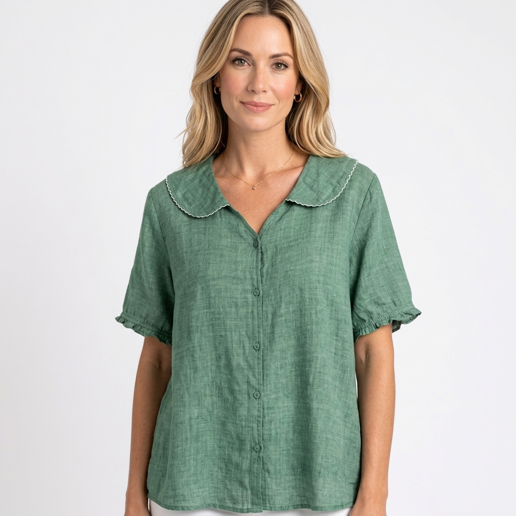 Women’s Button Front Blouse Peter Pan Collar Relaxed Fit