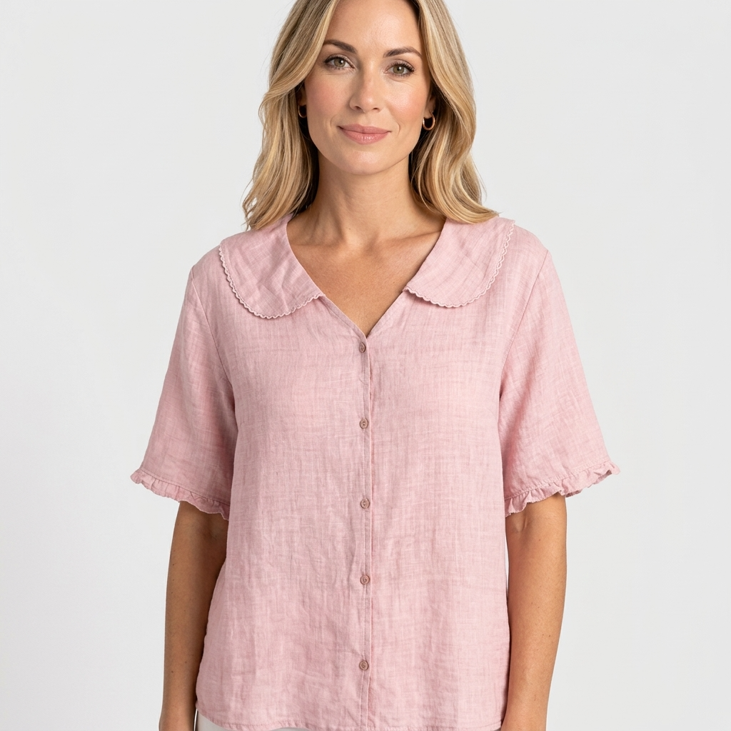 Women’s Button Front Blouse Peter Pan Collar Relaxed Fit