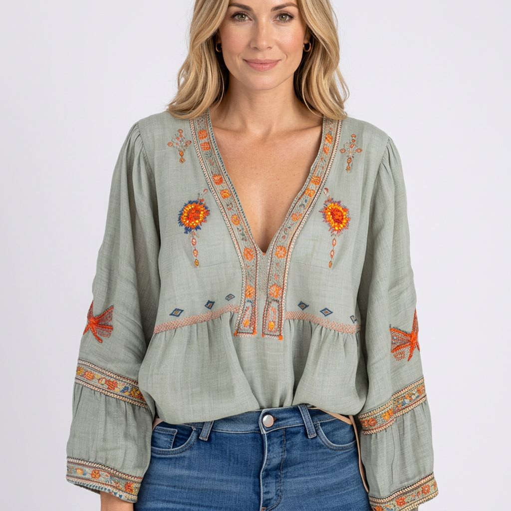 Women’s Embroidered Peasant Blouse V Neck Relaxed Fit