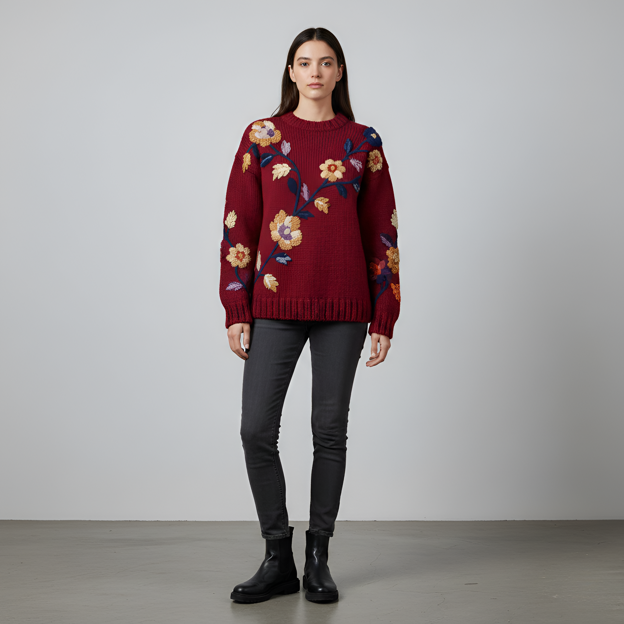 Rae - Red Pattern Flower Sweater
