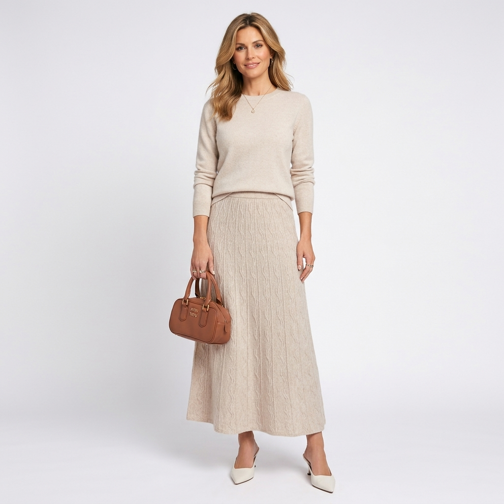 Women’s Knitted A Line Midi Skirt – Cable Knit Long Skirt