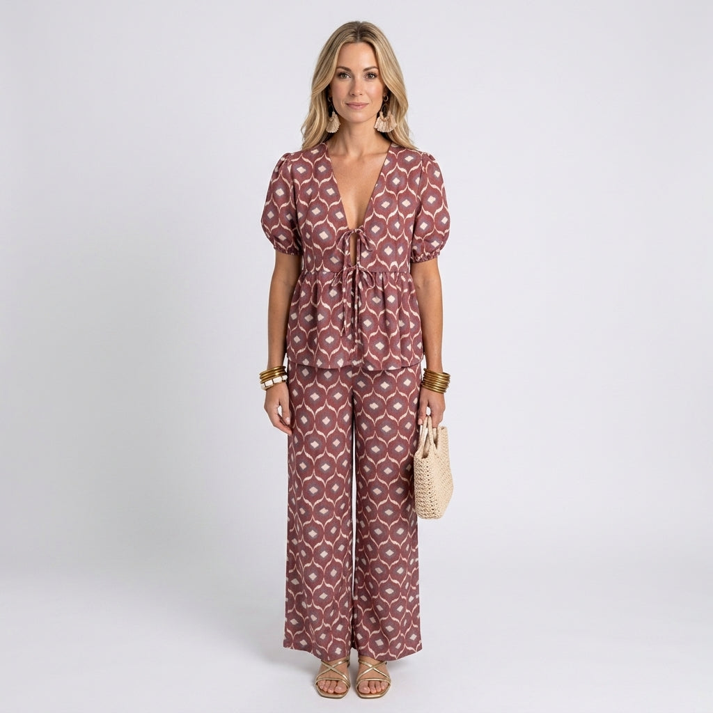 Women’s Printed Co Ord Set Puff Sleeve Top Wide Leg Trousers