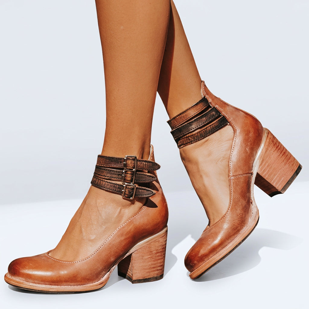 Women Cut Out Ankle Boots Block Heel Buckle Detail