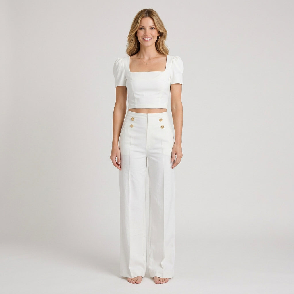 Women Two Piece Set Square Neck Crop Top Wide Leg Pants Occasion