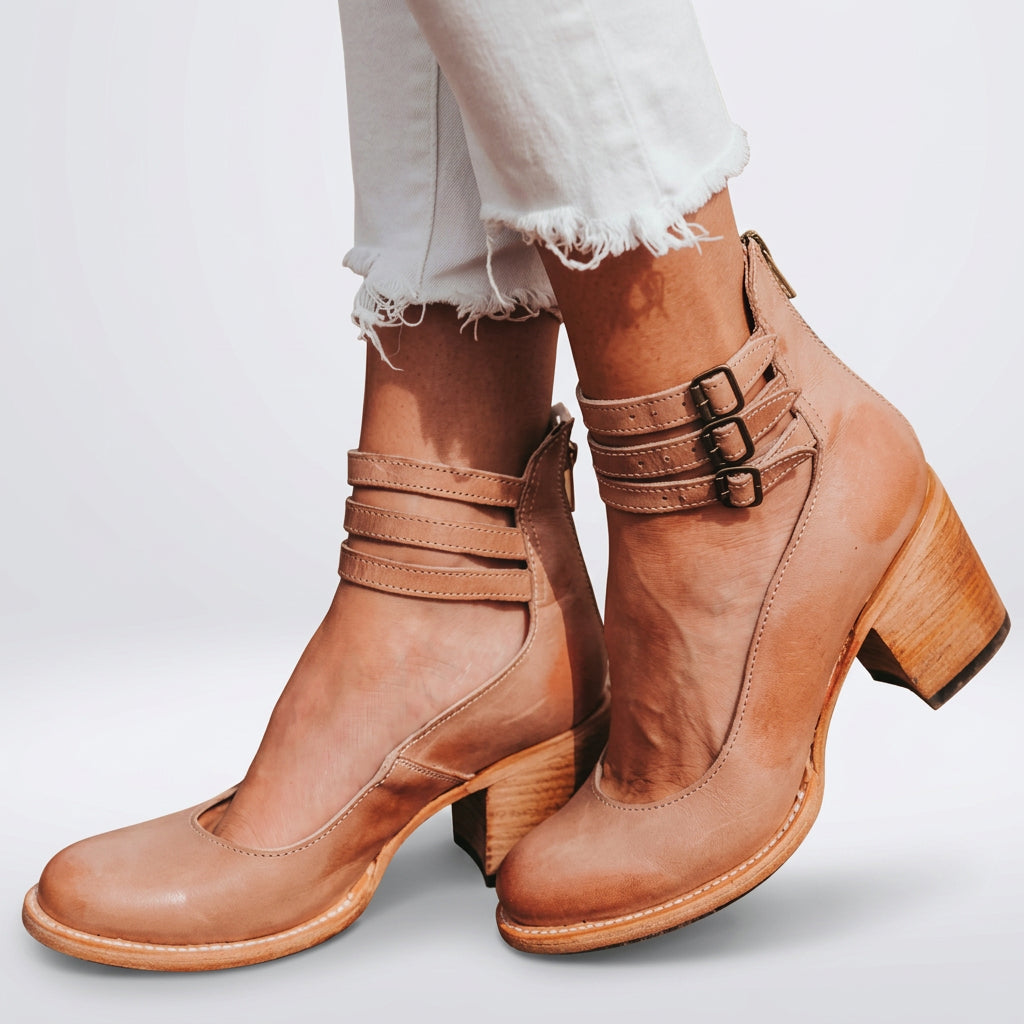 Women Cut Out Ankle Boots Block Heel Buckle Detail