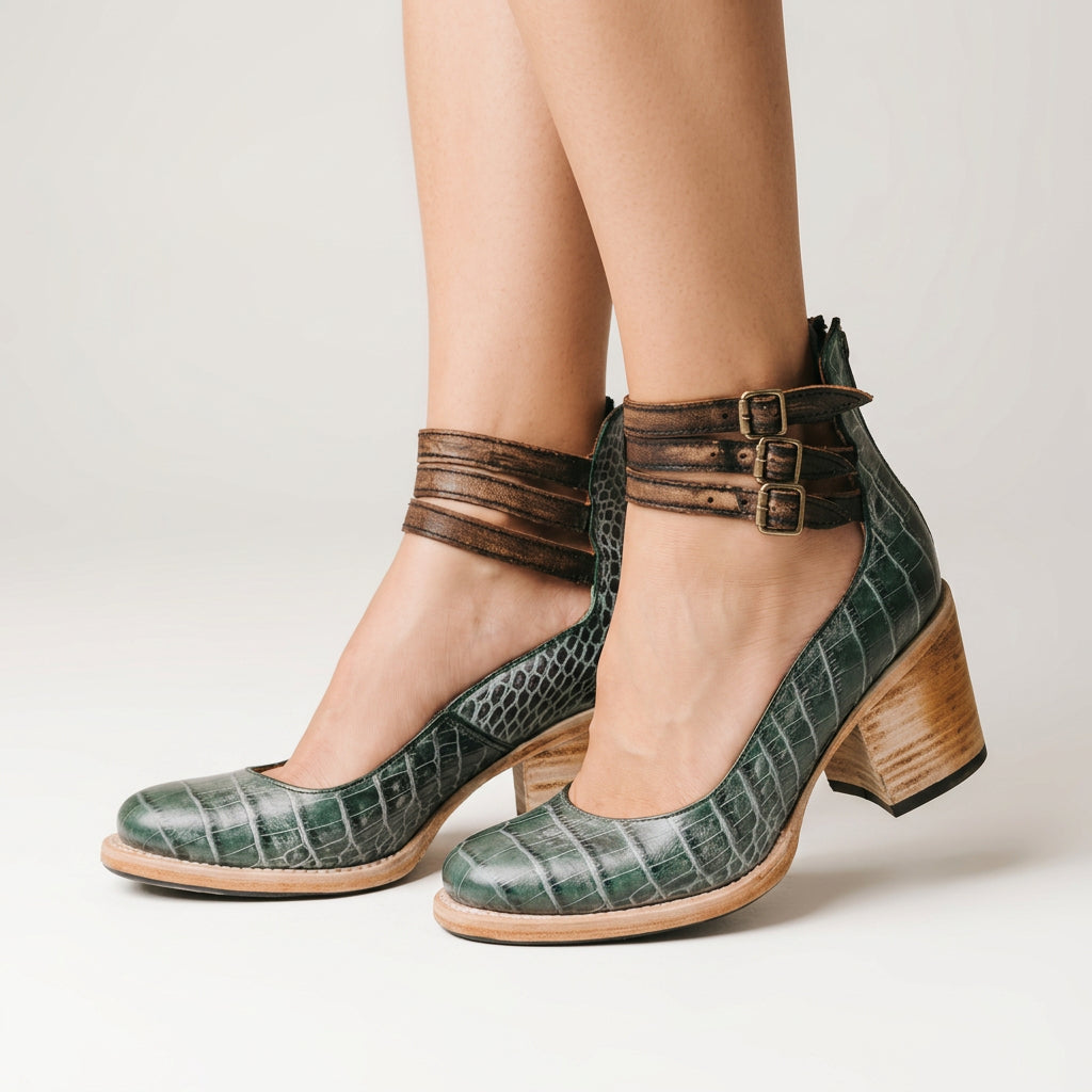 Women Cut Out Ankle Boots Block Heel Buckle Detail