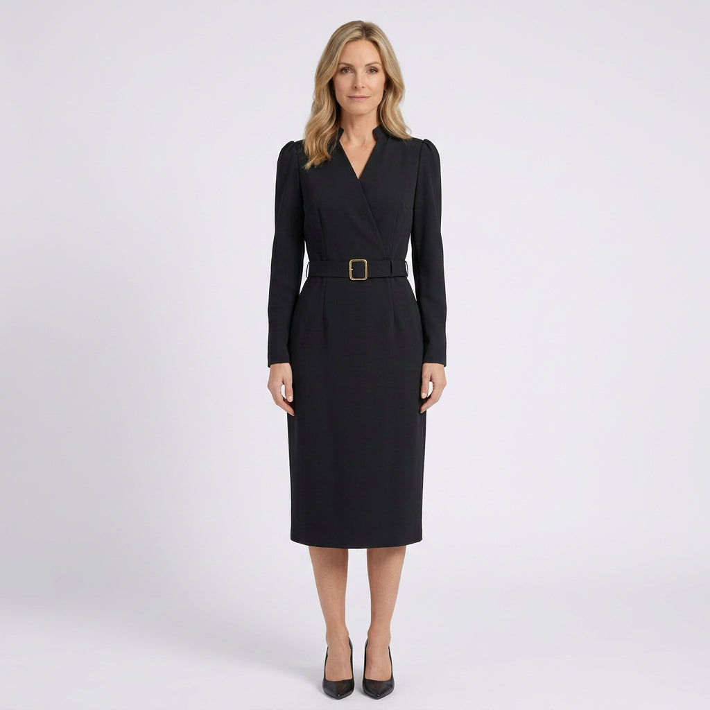 Women Belted Long Sleeve Midi Dress - Tailored Formal Office Dress