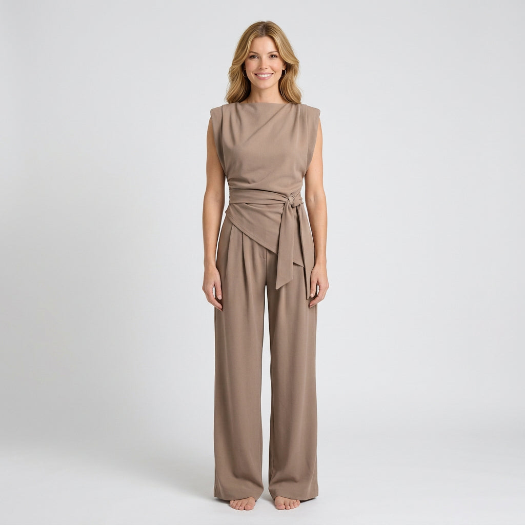 Women Two Piece Set Draped Sleeveless Top Wide Leg Pants Occasion