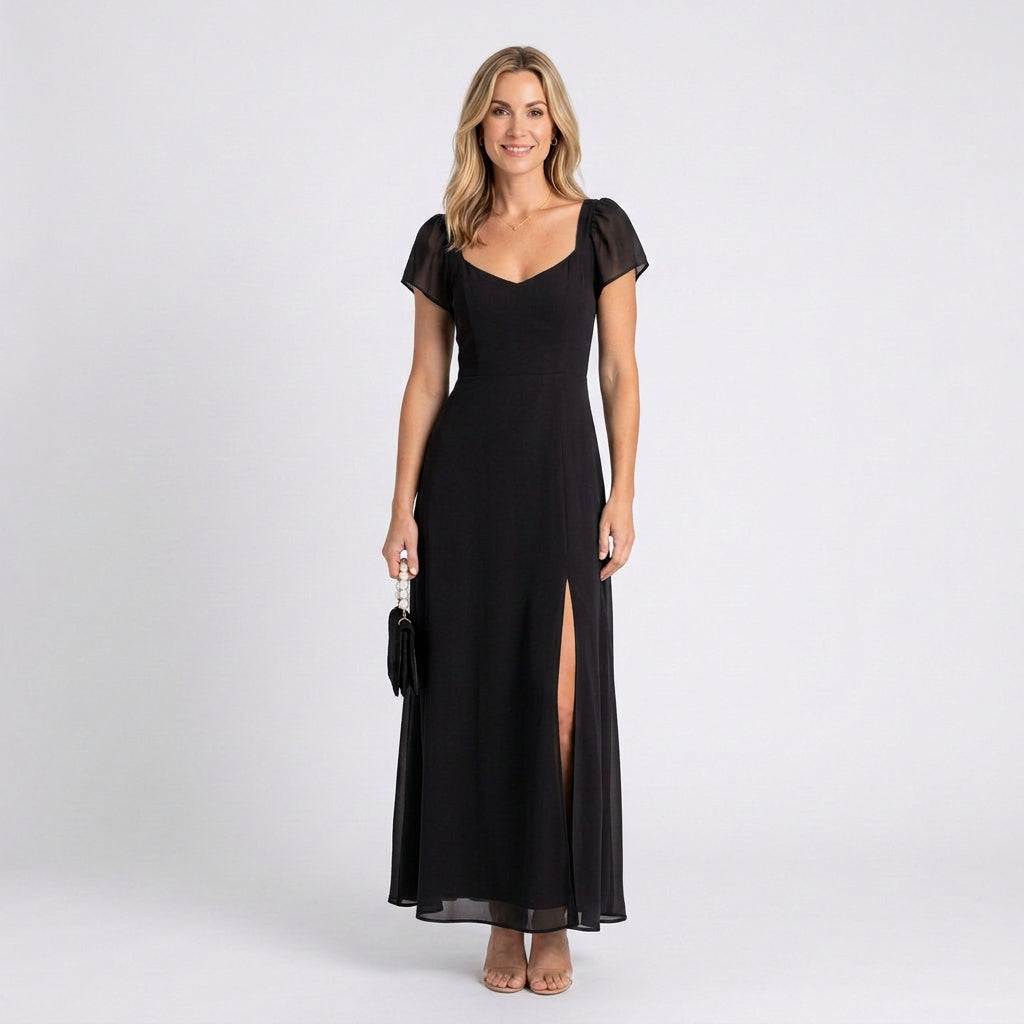 Women’s Puff Sleeve Maxi Dress Sweetheart Neck Defined Waist