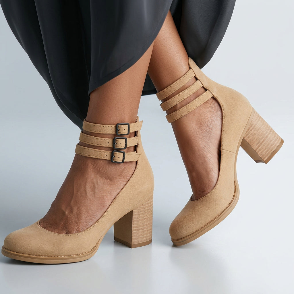 Women Cut Out Ankle Boots Block Heel Buckle Detail