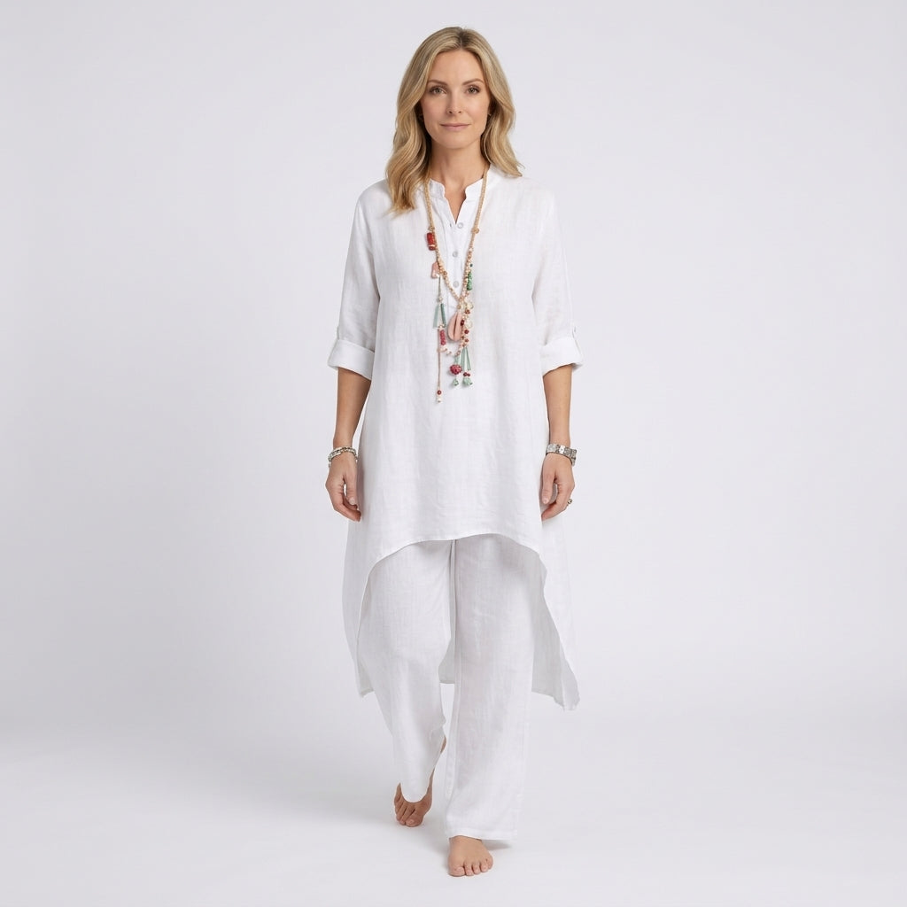 Women Two Piece Linen Set Long Tunic Top and Relaxed Pants Casual Everyday
