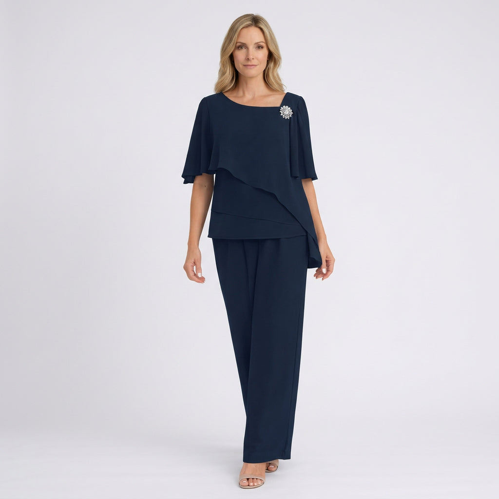 Women Two Piece Chiffon Set Layered Top and Straight Leg Pants - Formal Outfit