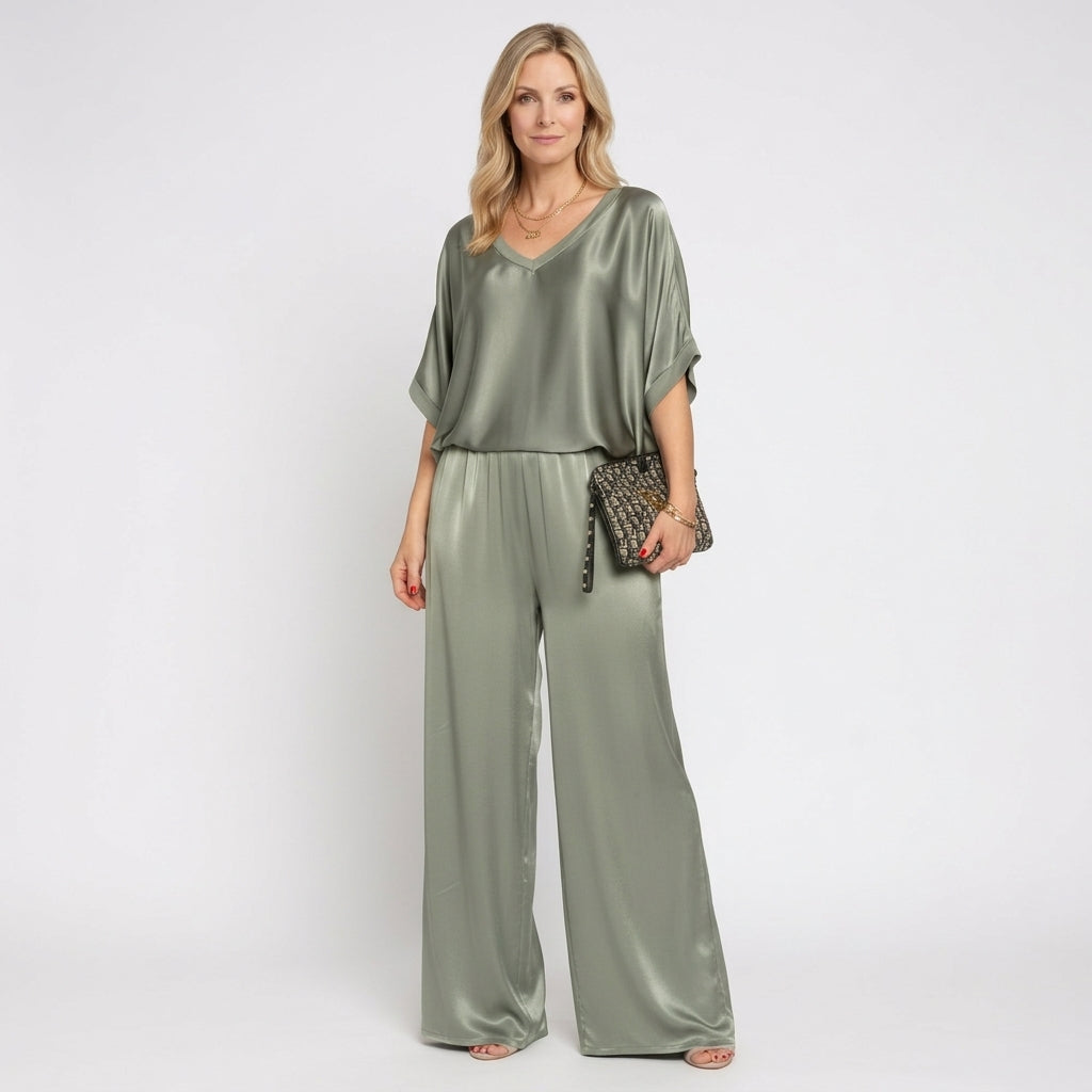 Women Satin Two Piece Set V Neck Wide Leg Pants - Matching Co Ord Set