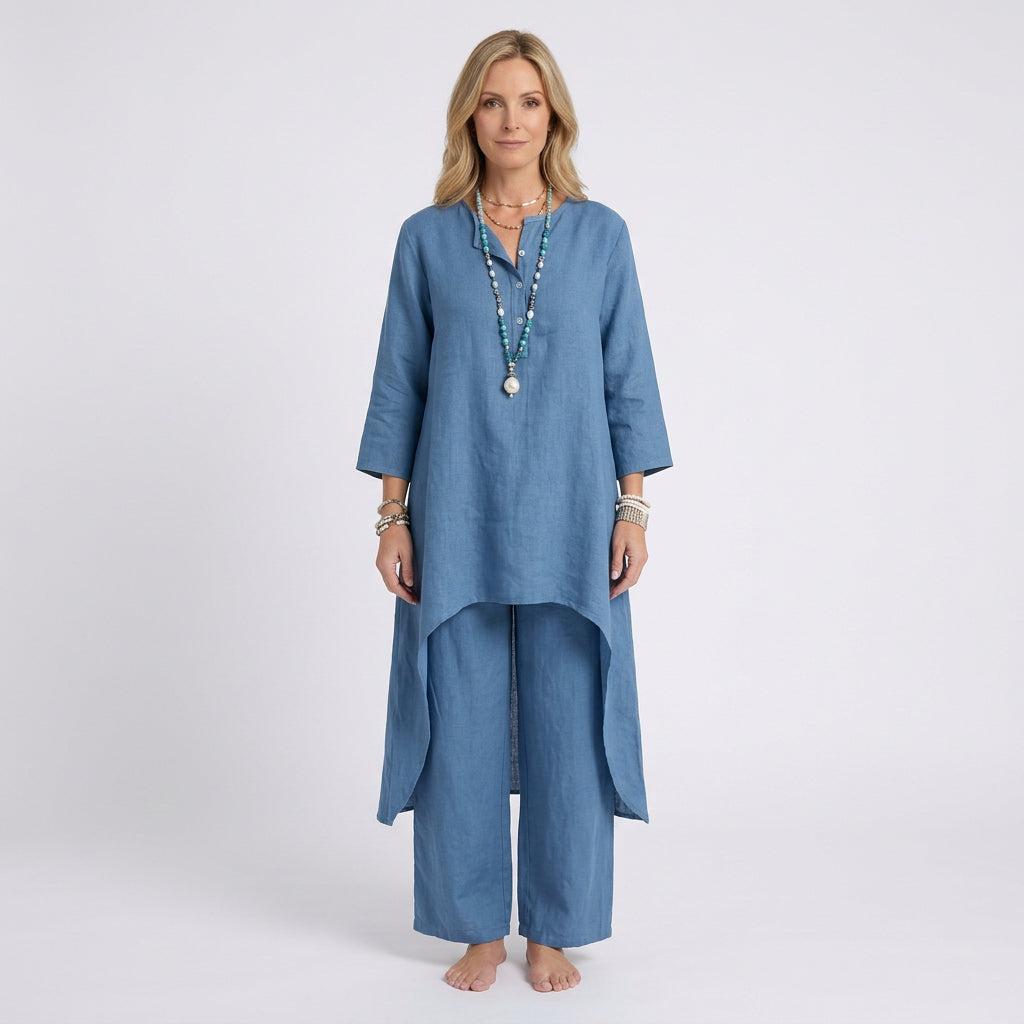 Women Two Piece Linen Set Long Tunic Top and Relaxed Pants Casual Everyday