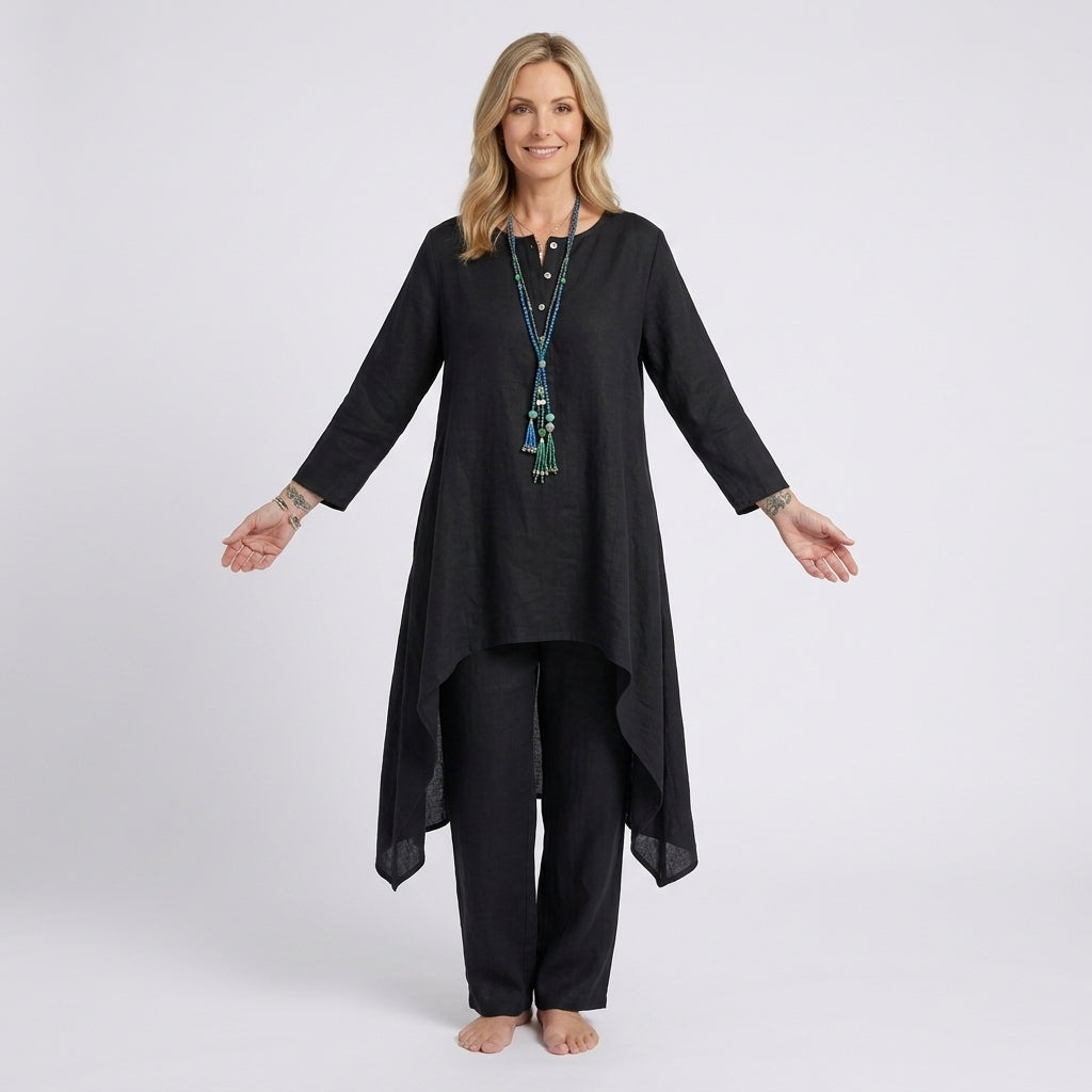 Women Two Piece Linen Set Long Tunic Top and Relaxed Pants Casual Everyday