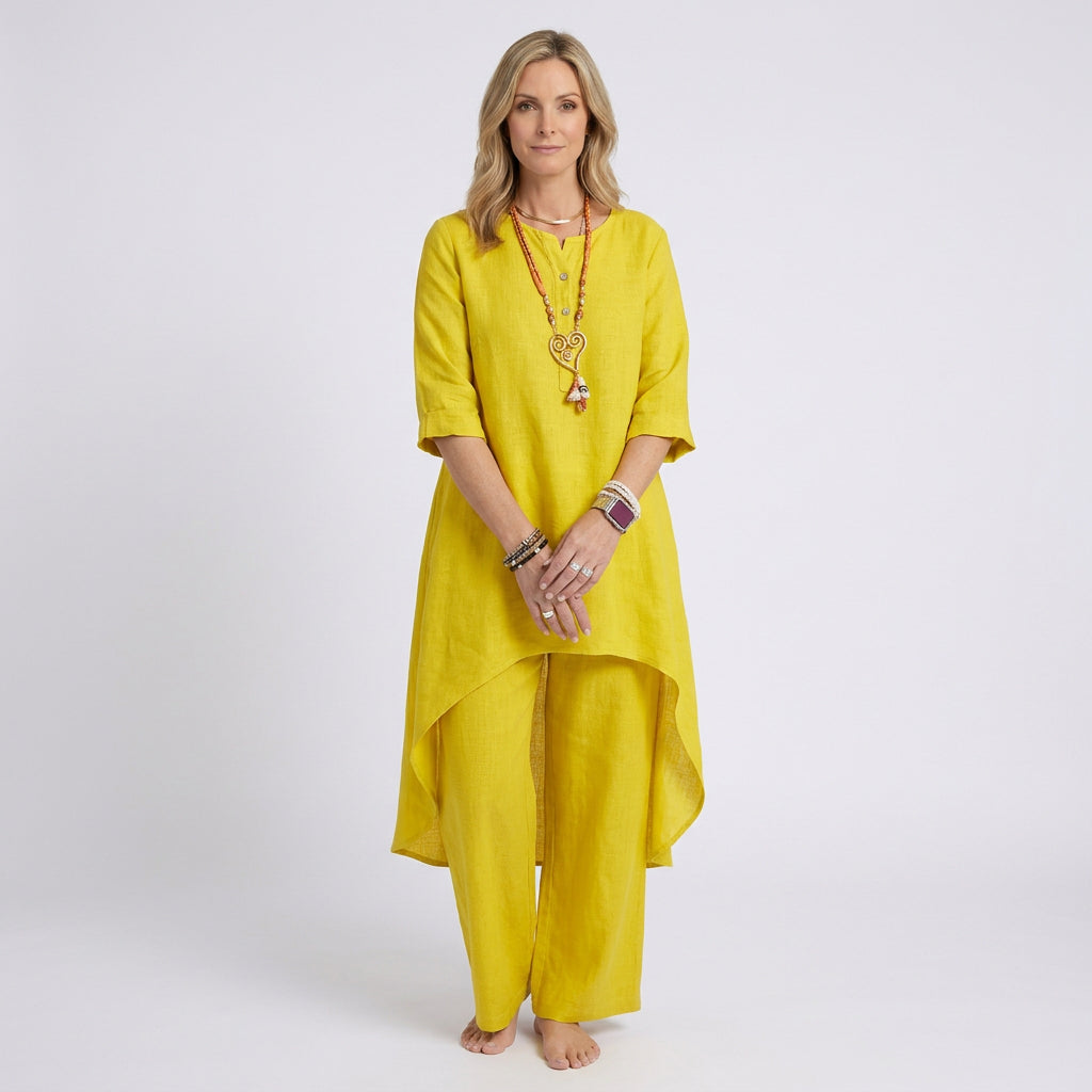 Women Two Piece Linen Set Long Tunic Top and Relaxed Pants Casual Everyday